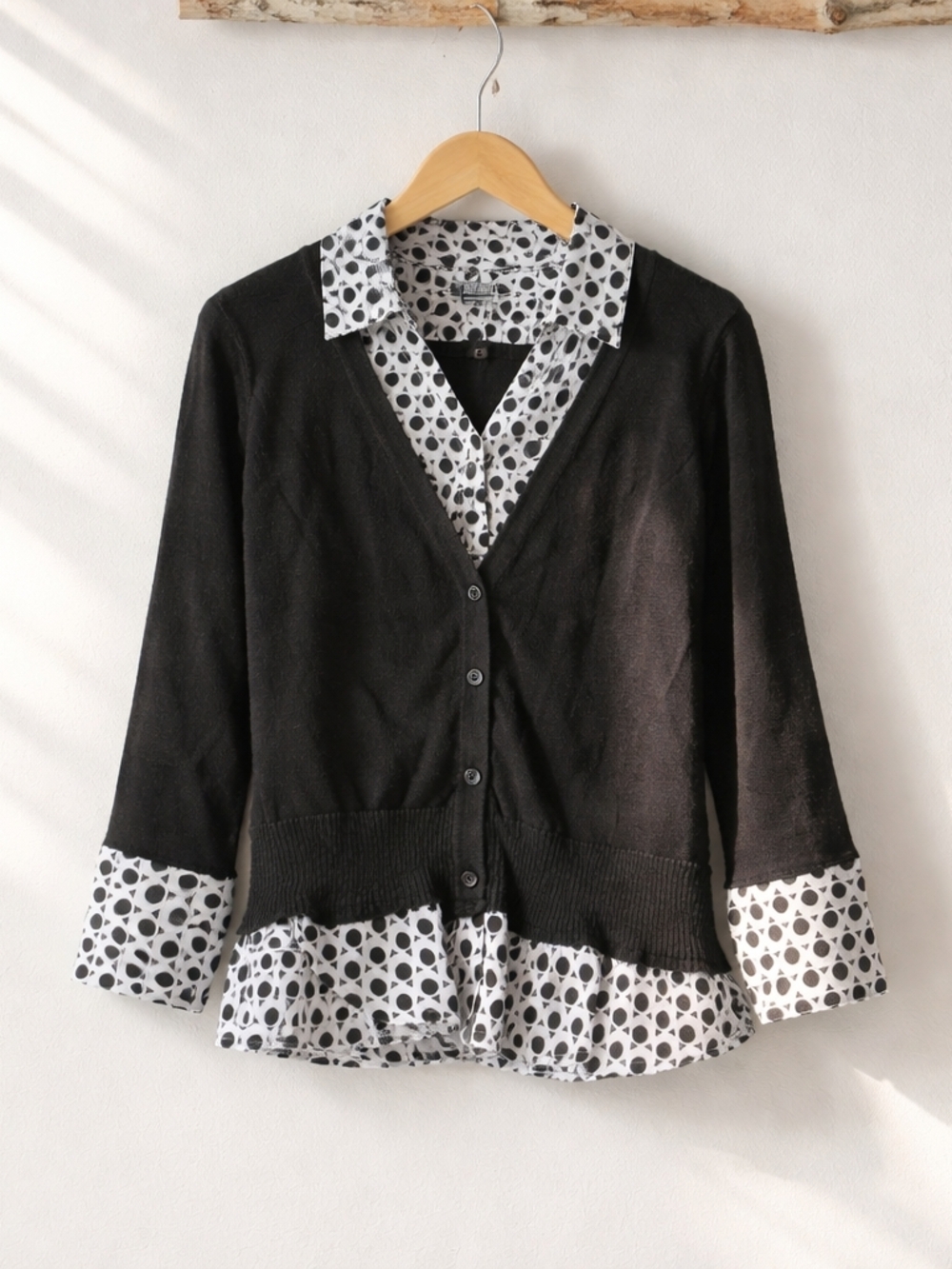 AGB Black Cardigan with White Polka Dot Shirt Detail